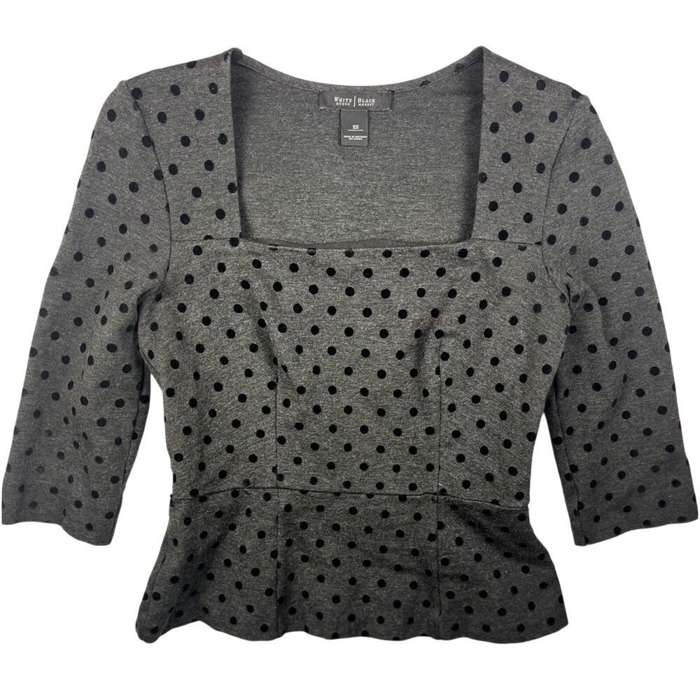 White House Black Market Gray Velvet Polka Dot Square Neck Peplum Top Size XS